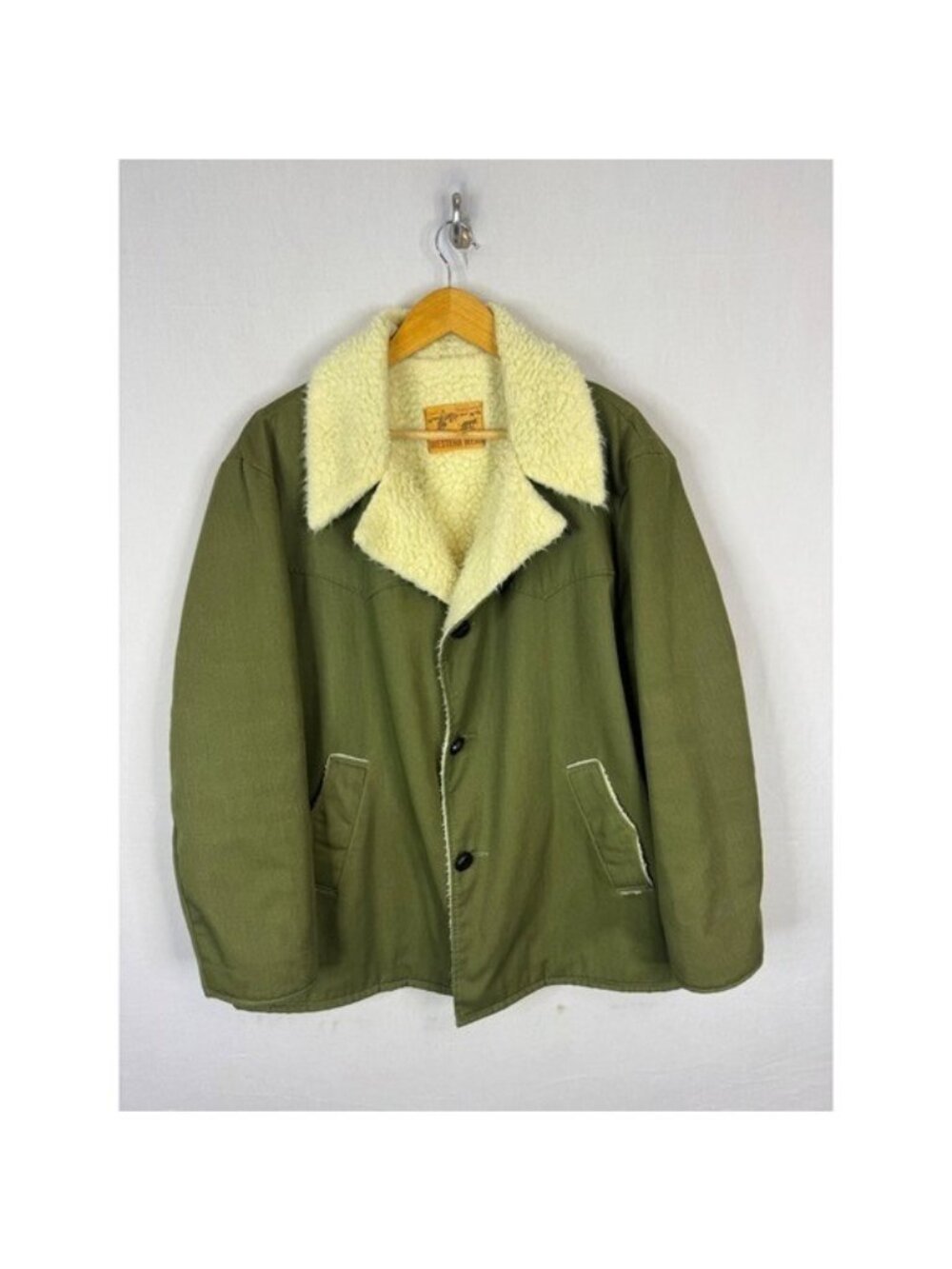 Vintage Sears Western Wear Olive Green Faux Shearling Lined Canvas Jacket